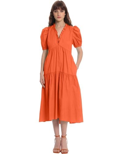 Donna Morgan Ruffle V-neck Tiered Dress With Puff Short Sleeves - Orange