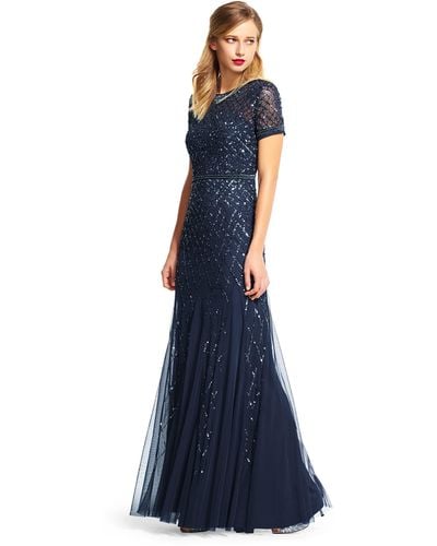 Adrianna Papell Short-sleeve Beaded Mesh Gown - Blue