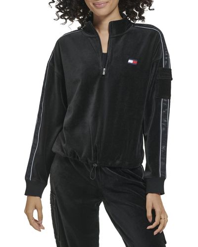 Tommy Hilfiger Velour Fabric Cargo Pockets Pullover Half Zip Ghost Debossed Logo Taping - Black