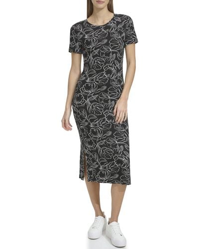 Andrew Marc Short Sleeve Printed Midi Dress With Slits - Black