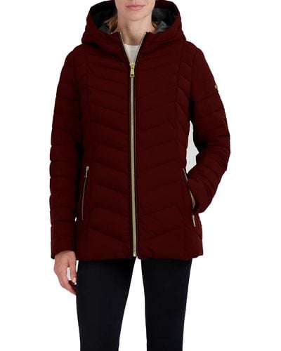Laundry by Shelli Segal Short Stretch Puffer Jacket Zipper Front Side Pockets 26" Coat - Red