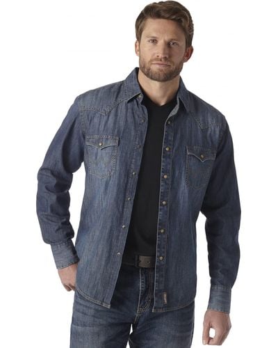 Wrangler Retro Zwei-Taschen-Langarm-Shirt mit Druckknopfverschluss Hemd - Blau