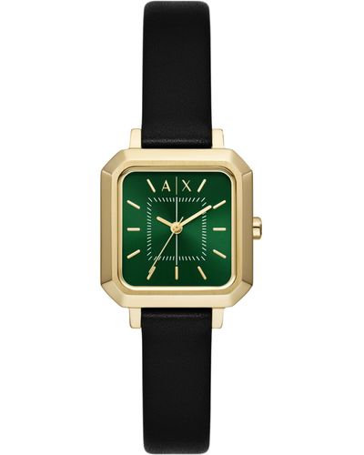 Emporio Armani A|x Armani Exchange Square Three-hand Gold And Black Leather Band Watch - Green