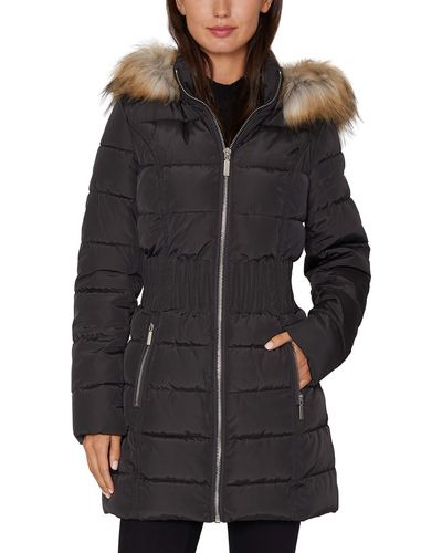 Laundry by Shelli Segal 3/4 Puffer Jacket With Zig Zag Cinched Waist And Faux Fur Trim Hood - Black
