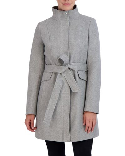 Laundry by Shelli Segal 3/4 Faux Wool Coat Snap Placket Zipper Front Tie Waist Belt 34" Jacket - Gray