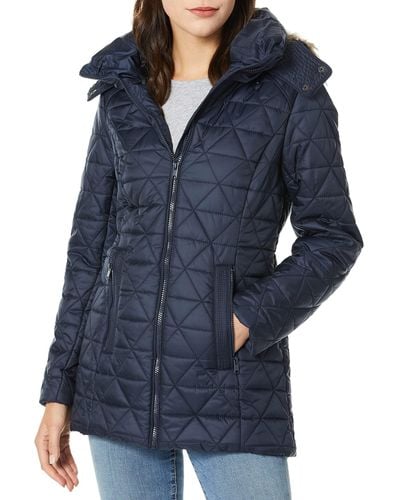 Andrew Marc Marc New York By Chevron Quilted Down Jacket Faux Fur - Blue