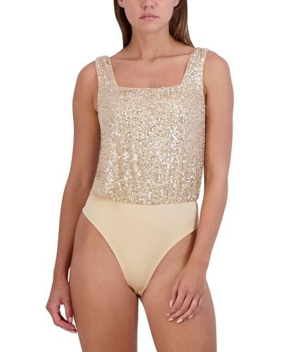 BCBGeneration Fitted Sequin Bodysuit Square Neck One Piece - Brown