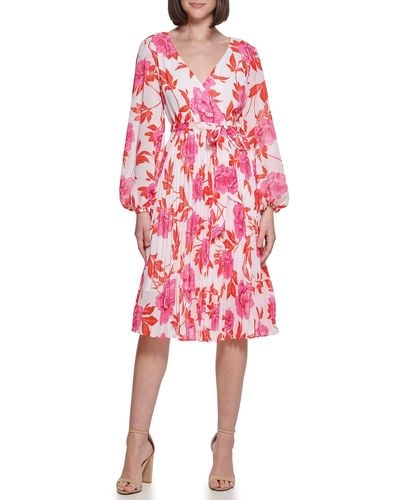 Kensie Floral Printed Chiffon Contemporary Dress - Red