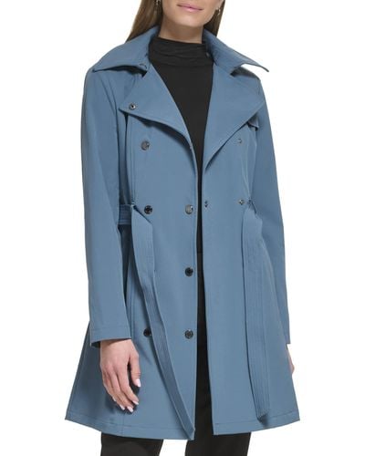 Calvin Klein Double Breasted Belted Rain Jacket With Removable Hood - Blue