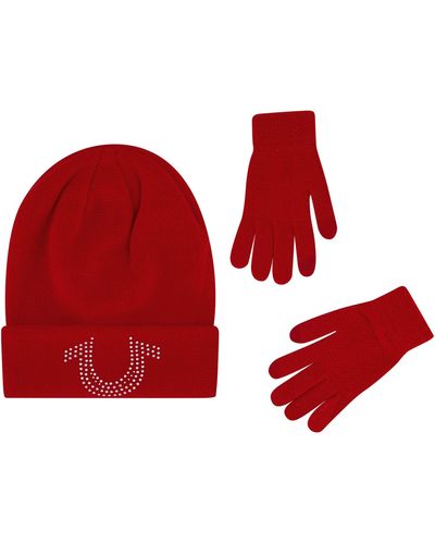 True Religion Beanie Hat And Touchscreen Glove Set - Red
