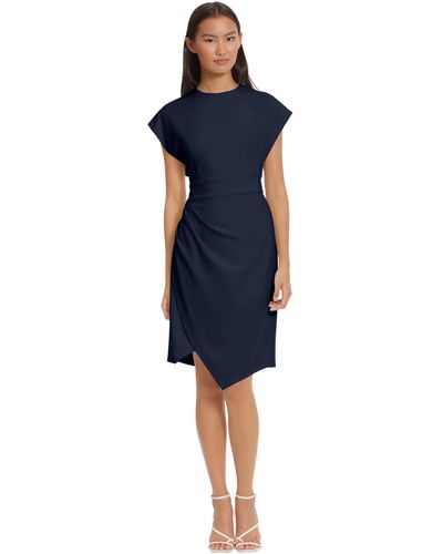 Donna Morgan Sleek Faux Wrap Dress With Asymmetric Skirt Office Workwear Event Guest Of - Blue