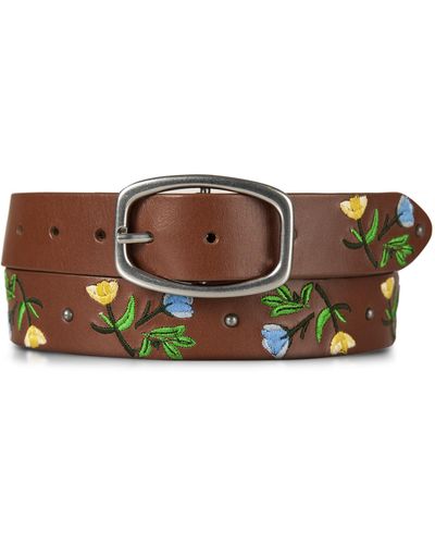 Lucky Brand Embroidered Floral Leather Belt In Tan Size X-large - Brown