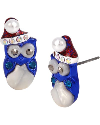 Betsey Johnson Betsey Santa Owl Stud Earrings - Blue