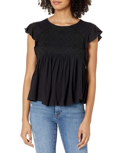 Lucky Brand Womens Short Sleeve Crew Neck Embroidered Dolman Top Blouse - Black