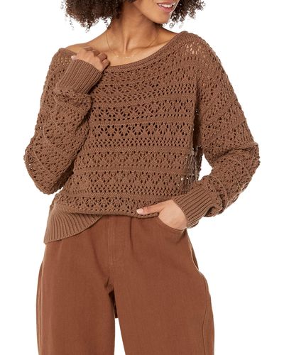 The Drop Daba Crochet Long Sleeve Slouchy Pullover - Brown