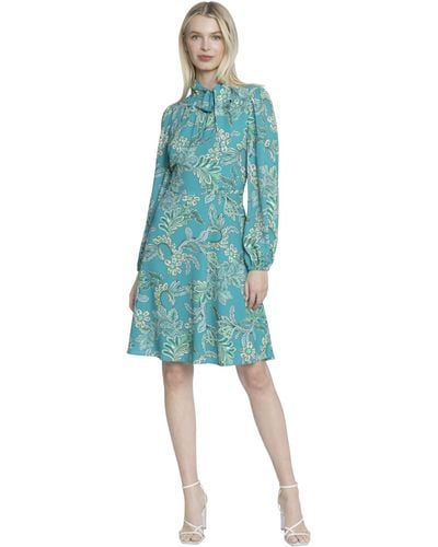 Maggy London Mock Neck Tie Long Sleeve Fit & Flare Wedding Guest S Dresses - Blue