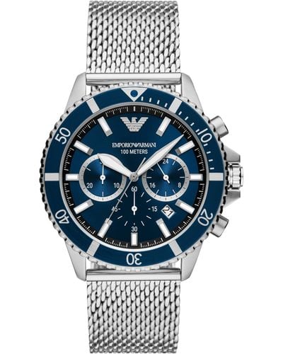 Emporio Armani Chronograph Silver Stainless Steel Mesh Band Watch - Blue
