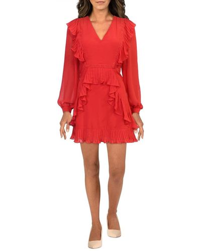 BCBGMAXAZRIA Sheer Long Sleeve Mini Dress With Ruffles - Red