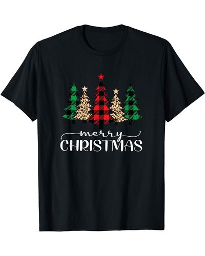 Ash Merry Christmas Holiday Plaid Christmas Tree & Leopard Print T-shirt - Black