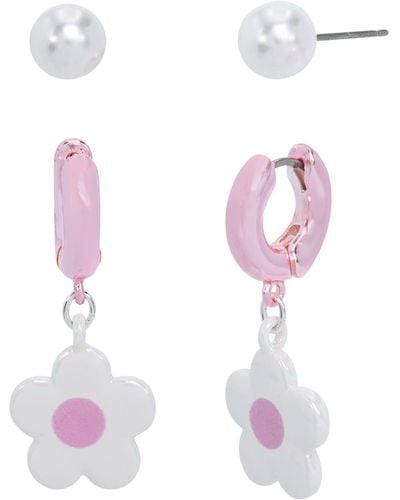 Betsey Johnson S Pearl & Daisy Huggie Duo Earring Set - Pink