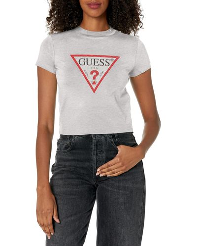 Guess Short Sleeve Mock Neck Triangle Strass Tee Shirt - White