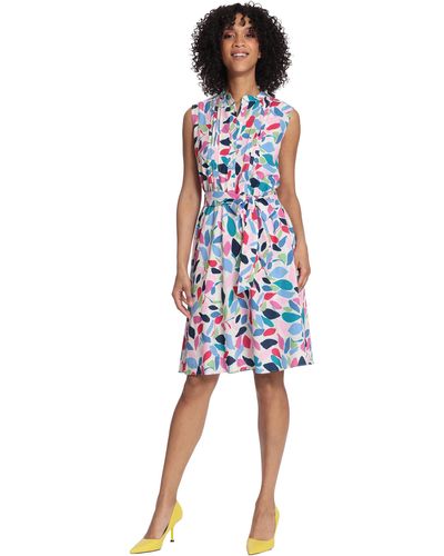 Maggy London Leaf Printed Sleeveless Shirt Dress With Pleated Bodice And Waist Tie - Blue