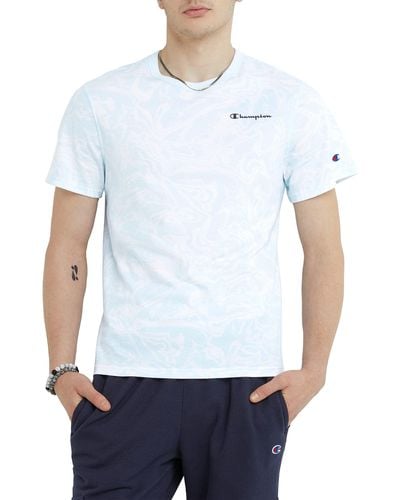 Champion Tee, Classic, 's T-shirts, C Logo, Prints, Liquid Marble/sky Blue Gray Script, Small - White