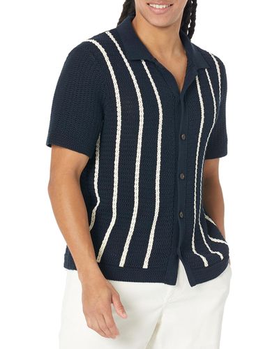 Vince S Crochet Stripe S/s Button Down - Blue