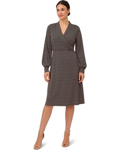 Adrianna Papell Printed Faux Wrap Dress With Long Bishop Sleeves - Brown