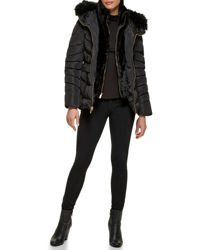 Guess Fur Lined Hood Cold Weather Puffer Coat - Black
