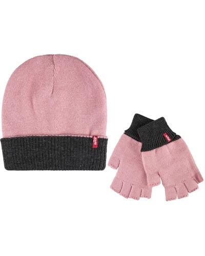 Levi's Reversible Beanie With Fingerless Gloves Set - Pink