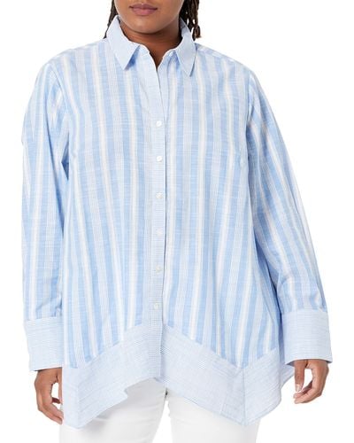 Rafaella Mixed Stripe Long Sleeve Button-down Shirt With Handkerchief Hem - Blue