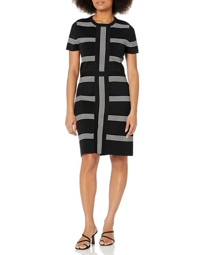 Anne Klein Multi Stripe Short Slv Dress With Cf Pan - Black