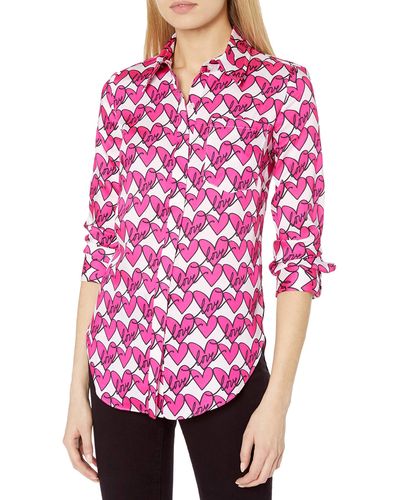 MILLY Love Heart Print On Twill Wide Sleeve Button Up - Pink