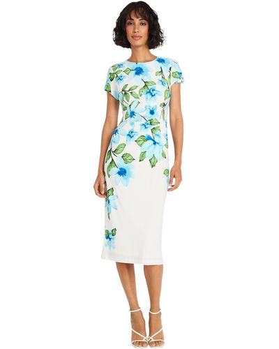 Maggy London Placement Print Matte Jersey Midi Sheath Career Office Workwear Event Occasion Guest Of - Blue