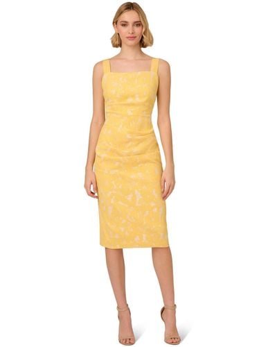 Adrianna Papell Hibiscus Jacquard Tucked Dress - Yellow