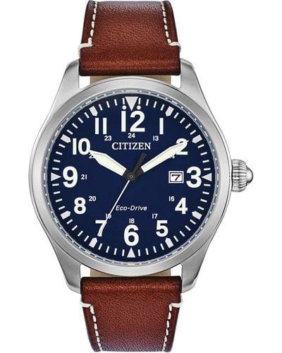 Citizen Eco-drive Weekender Garrison Field Watch In Stainless Steel With Brown Leather Strap - Blue