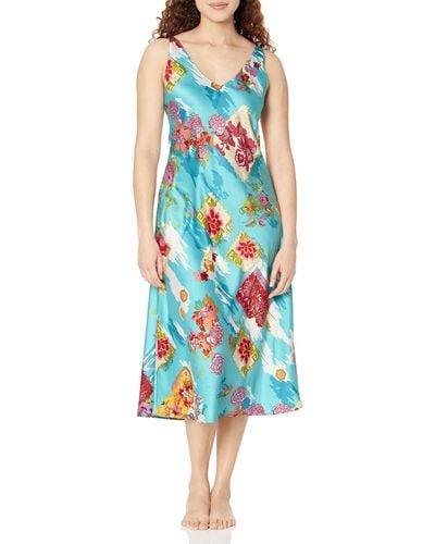 N Natori Gown Length 46",teal W/blue,small