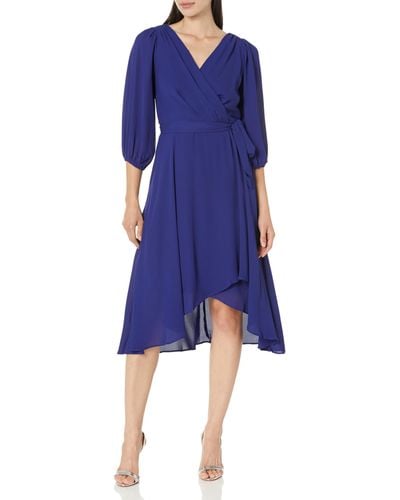 DKNY Chiffon Long Sleeve Faux Wrap Dress - Blue