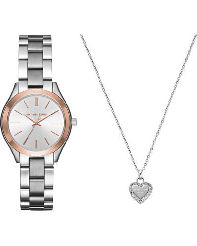 Michael Kors Mini Slim Runway Silver-tone Watch Mk3514 Silver Tone Logo Heart Pendant Necklace - Metallic
