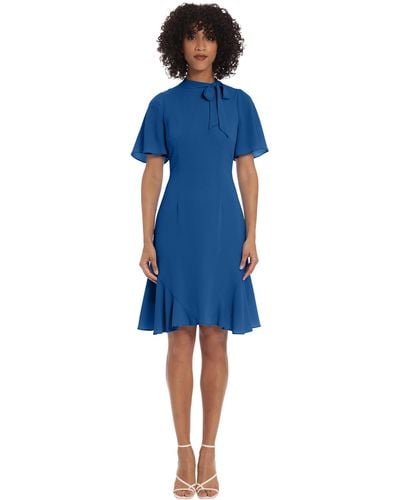 Maggy London Short Sleeve Dress With Mock Neck Tie And Flutter Godets In Above The Knee Skirt - Blue
