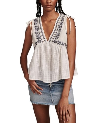 Lucky Brand Ruched Shoulder Deep V Top - Gray