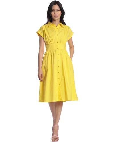 Maggy London Cap Sleeve Collar Dress With Wide Waistband And Front Placket - Yellow
