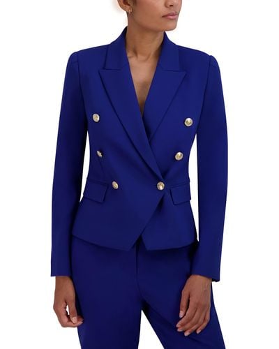 BCBGMAXAZRIA V Neck Long Sleeve Double Breasted Fitted Blazer - Blue