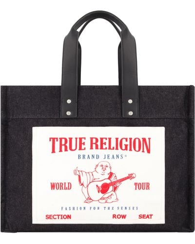 True Religion Tote, Large Denim Travel Shoulder Bag, Black - Red