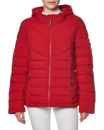 Tommy Hilfiger Puffer Lightweight Hooded Jacket With Drawstring Packing Bag - Red