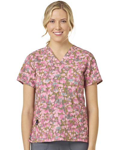 Carhartt S V-neck Print Top Medical Scrubs Shirt - Pink