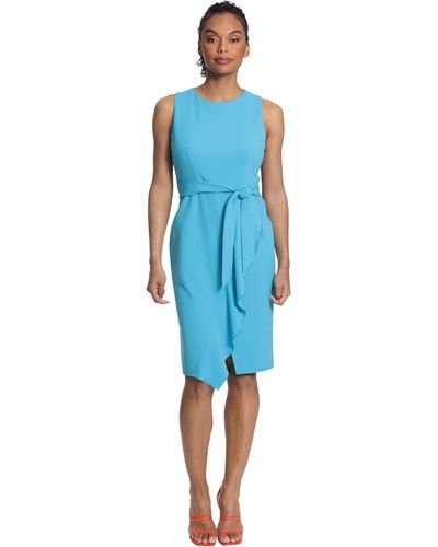 Donna Morgan Sleeveless Dress With Waist Tie And Faux Wrap Waterfall Ruffle Skirt - Blue