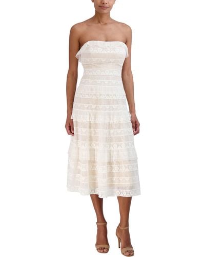 BCBGMAXAZRIA Straight Neck A Line Striped Lace Midi Dress - White