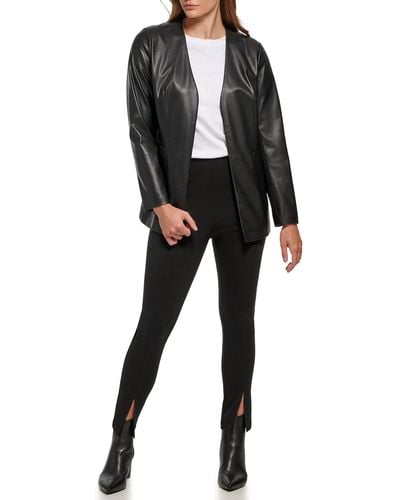 Calvin Klein Lightweight Leather V Neck Utilitarian Pockets Jacket - Black